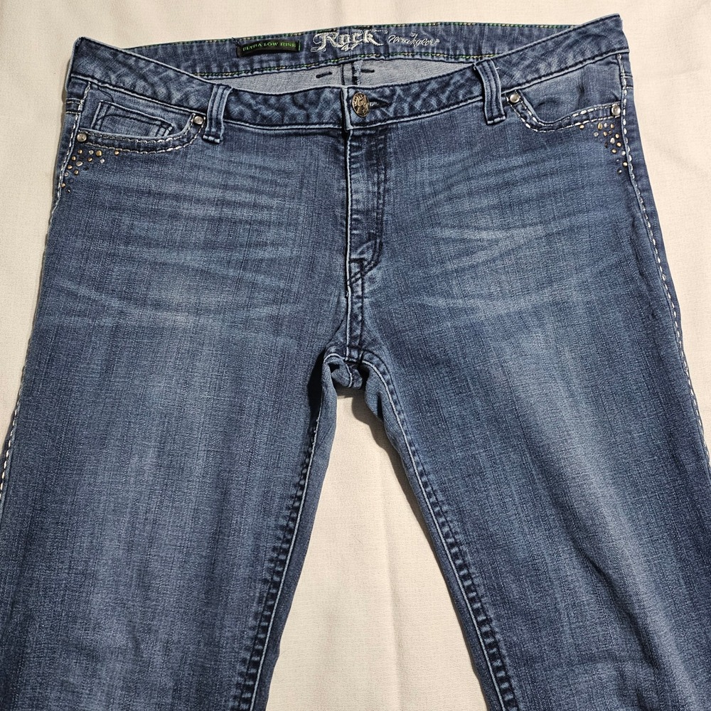 Rock 47 Wrangler Jeans Womens 15/16 Blue Ultra Low Rise Bootcut Rhinestone 40x30 - Picture 3 of 16